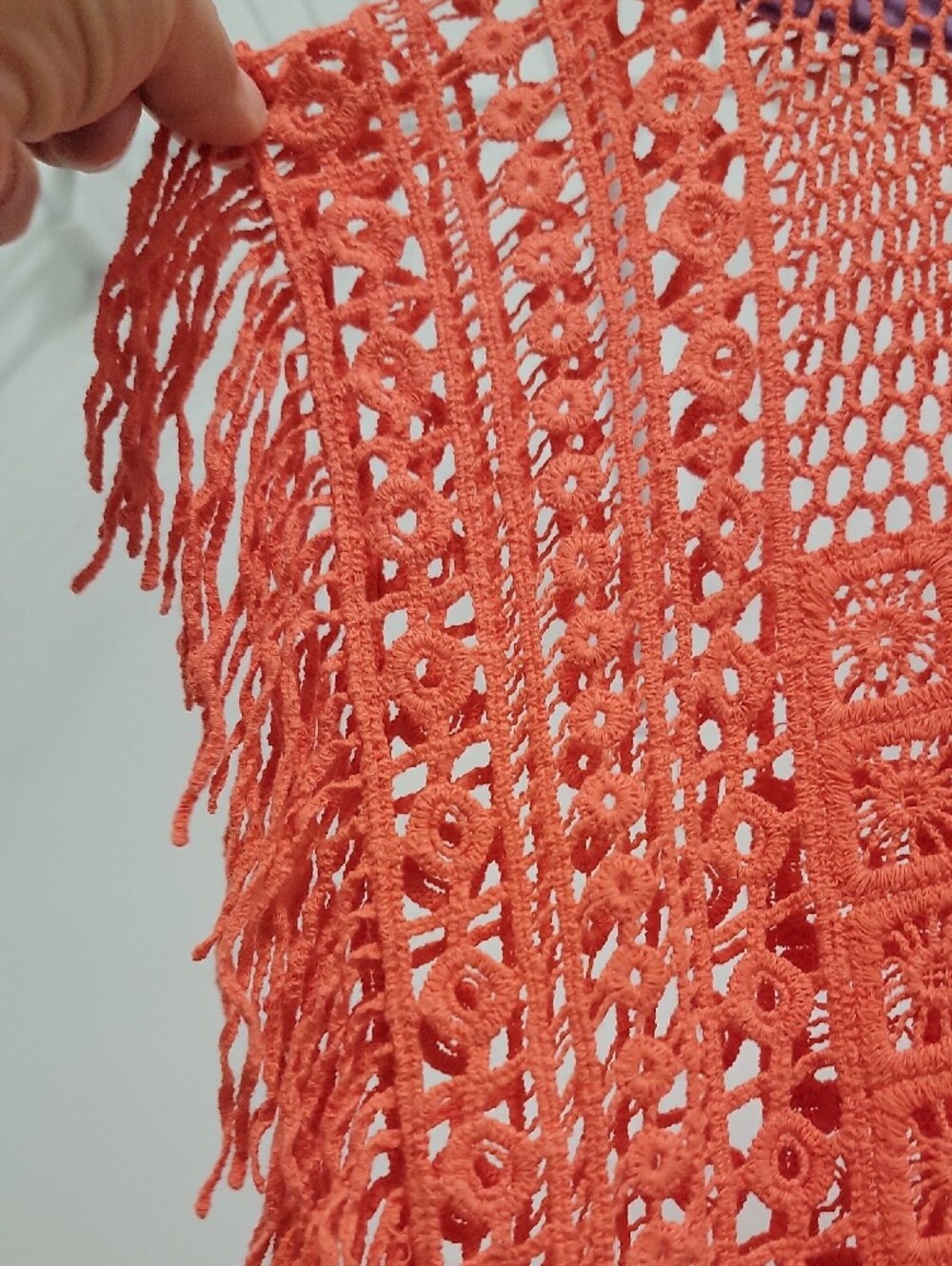 Crocheted Fringe Cover-Up Top in Coral Large/extra Large. Very Cute! - Picture 5 of 10